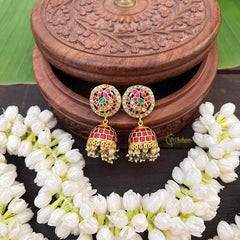 Vriksham Premium Peacock Jadau Kundan Jhumka-Red Green & White-Pearls-J4048