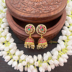 Vriksham Premium Peacock Jadau Kundan Jhumka-Red Green & White-Pearls-J4048