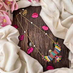 Vriksham Handcrafted Multi Color Stone Garudbenda Eagle With Pearl Accents Pendant Necklace-J4206