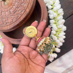 Vriksham Premium Look Jadau Kundan Jhumka-Red Green & White-Green Bead & Pearls-J4049