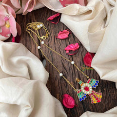 Vriksham Alabaster Garudabenda Handcrafted Bird Motif Statement Multi Color With Pearl Accents Pendant Necklace-J4208