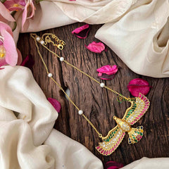Vriksham Modern GandaBenda Bird Multi Color Kundan Jadau With Delicate Pearl Chain Pendant Necklace-J4210
