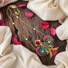 Vriksham Vibrant Navaratna-Style Gold Finish GandaBenda Multi Color Kundan Jadau With Delicate Pearl Chain Pendant Necklace-J4212