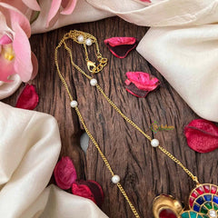 Vriksham Vibrant Navaratna-Style Gold Finish GandaBenda Multi Color Kundan Jadau With Delicate Pearl Chain Pendant Necklace-J4212