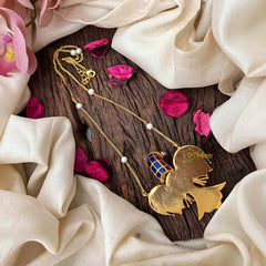 Vriksham Vibrant Navaratna-Style Gold Finish GandaBenda Multi Color Kundan Jadau With Delicate Pearl Chain Pendant Necklace-J4212