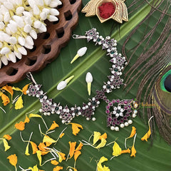 Vriksham Classic Floral Black Polish Precious Kemp With Pearl Neckpiece-Red Green & White-G20482