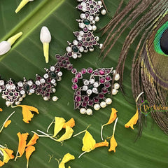 Vriksham Classic Floral Black Polish Precious Kemp With Pearl Neckpiece-Red Green & White-G20482