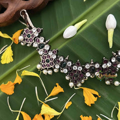 Vriksham Classic Floral Black Polish Precious Kemp With Pearl Neckpiece-Red Green & White-G20482