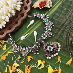 Vriksham Classic Floral Black Polish Precious Kemp With Pearl Neckpiece-Red Green & White-G20482