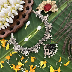 Vriksham Classic Floral Black Polish Precious Kemp With Pearl Neckpiece-Red Green & White-G20482