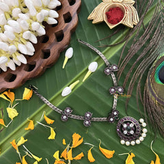 Vriksham Round Style & Manga Black Polish Precious Kemp With Pearl Attgai -Red Green-G20479