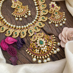 Premium AD Stone Maanga Neckpiece Short -White Green Red -G3438