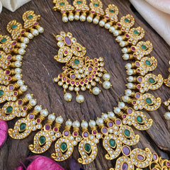 Premium AD Stone Maanga Neckpiece Short -White Green Red -G3438