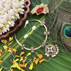 Vriksham Round Style & Manga Gold Look Precious Kemp With Pearl Attgai-Red Green-G20480