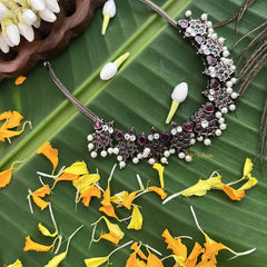 Vriksham Royal Grace Black Polish Precious Kemp With Pearl Short Neckpiece-Red Green-G20478