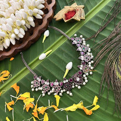 Vriksham Royal Grace Black Polish Precious Kemp With Pearl Short Neckpiece-Red Green-G20478