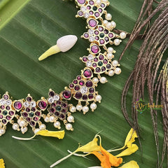 Vriksham Royal Grace Gold Look Precious Kemp With Pearl Short Neckpiece-Red Green-G20477