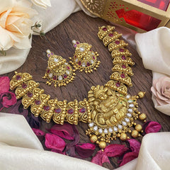 Premium Lakshmi Pendant Short Neckpiece-White Red -G7238