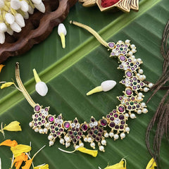 Vriksham Royal Grace Gold Look Precious Kemp With Pearl Short Neckpiece-Red Green-G20477