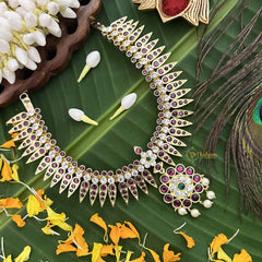 Vriksham Elegance Leaf Style Gold Look Precious Kemp Pendant With Pearl Neckpiece-Red Green & White-G20486