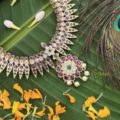 Vriksham Elegance Leaf Style Gold Look Precious Kemp Pendant With Pearl Neckpiece-Red Green & White-G20486