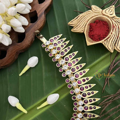 Vriksham Elegance Leaf Style Gold Look Precious Kemp Pendant With Pearl Neckpiece-Red Green & White-G20486