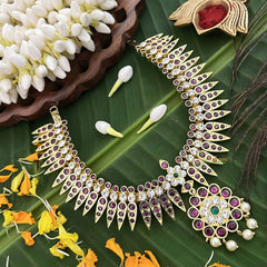 Vriksham Elegance Leaf Style Gold Look Precious Kemp Pendant With Pearl Neckpiece-Red Green & White-G20486