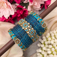 Vriksham Electric Turquoise & Cerulean Blue With Mirror Work Glass Bangles Set-G21749