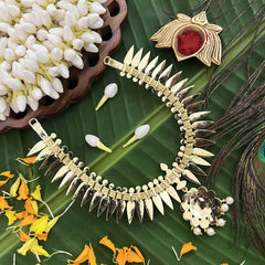 Vriksham Elegance Leaf Style Gold Look Precious Kemp Pendant With Pearl Neckpiece-Red Green & White-G20486