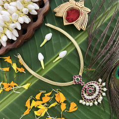 Vriksham Timeless Oval Floral Style Gold Look Precious Kemp Pendant With Pearl Neckpiece-Red Green & White-G20485