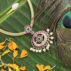 Vriksham Timeless Oval Floral Style Gold Look Precious Kemp Pendant With Pearl Neckpiece-Red Green & White-G20485