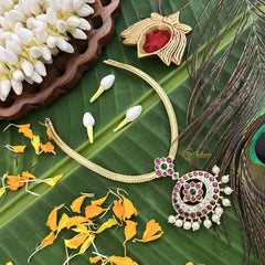 Vriksham Timeless Oval Floral Style Gold Look Precious Kemp Pendant With Pearl Neckpiece-Red Green & White-G20485