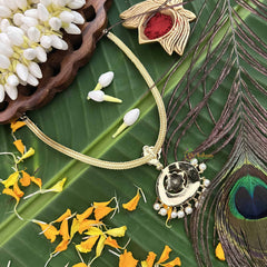 Vriksham Timeless Oval Floral Style Gold Look Precious Kemp Pendant With Pearl Neckpiece-Red Green & White-G20485