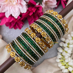 Vriksham Traditional Forest Green With White Crystal Accents & Matte Gold Flora Ganesh Glass Bangles Set-G21751