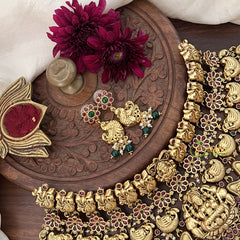 Vriksham Antique Gold Polish Peacock Lakshmi High Neck Choker-Green Bead-Pearl-G18913