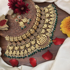 Vriksham Antique Gold Polish Peacock Lakshmi High Neck Choker-Green Bead-Pearl-G18913