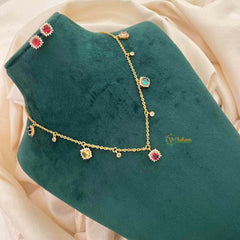 Vriksham CZ Sunburst Charm & Teardrop Drops With Matching Studs Pendant Chain-Aqua Green-G21820