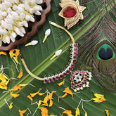 Vriksham Antique Mango Style Gold Look Precious Kemp Pendant With Pearl Neckpiece-Red Green & White-G20484