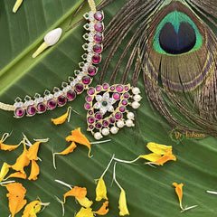 Vriksham Antique Mango Style Gold Look Precious Kemp Pendant With Pearl Neckpiece-Red Green & White-G20484