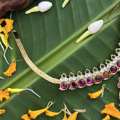 Vriksham Antique Mango Style Gold Look Precious Kemp Pendant With Pearl Neckpiece-Red Green & White-G20484