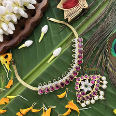 Vriksham Antique Mango Style Gold Look Precious Kemp Pendant With Pearl Neckpiece-Red Green & White-G20484