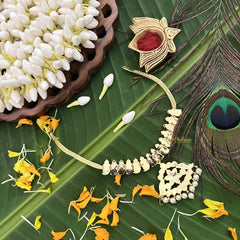 Vriksham Antique Mango Style Gold Look Precious Kemp Pendant With Pearl Neckpiece-Red Green & White-G20484