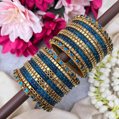 Vriksham Deep Blue Glass Bangle Set with Square-Cut Gold Glass Bangles Set-G21754
