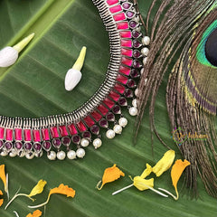 Vriksham Royal Radiances Statement Precious Kemp With Pearl Choker Neckpiece-Pink Red-G20473