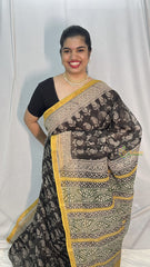 Vriksham Black with Yellow Border Mango Print Kota Cotton Saree-VS4459