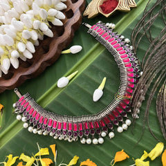 Vriksham Royal Radiances Statement Precious Kemp With Pearl Choker Neckpiece-Pink Red-G20473