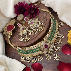 Vriksham Green Square AD Stone Lotus Stale High Neck Choker-Pearl-G18912