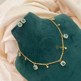 Vriksham Cubic Zirconia Dainty Charm Necklace Set With Matching Studs Pendant Chain-Aqua Green-G21819