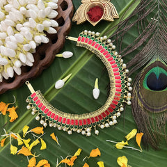 Vriksham Royal Radiances Statement Gold Look Precious Kemp With Pearl Choker Neckpiece-Pink Green-G20474