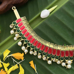 Vriksham Royal Radiances Statement Gold Look Precious Kemp With Pearl Choker Neckpiece-Pink Green-G20474